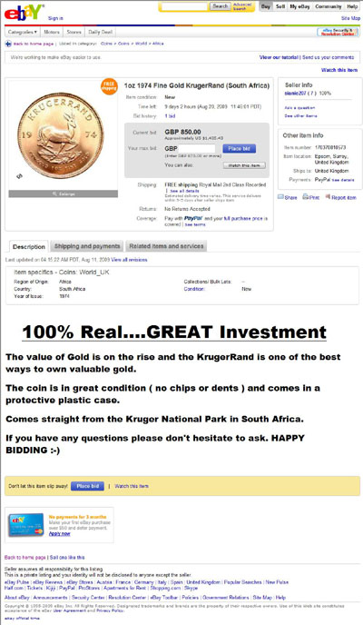 sianie207 eBay Listing Using our 1974 Gold Krugerrand Photograph